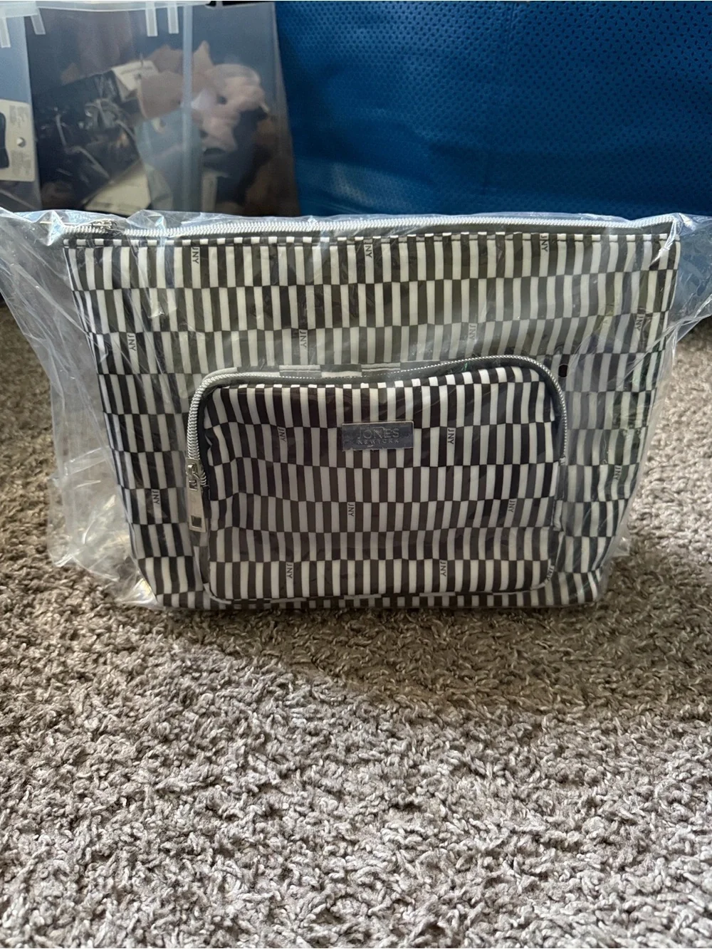 Jones New York Black and White Striped Travel Pouch + Travel Bottle